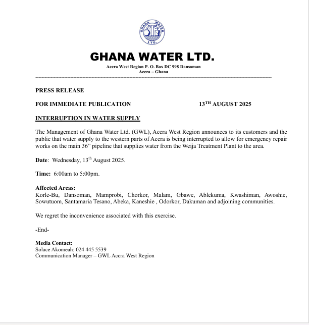 Water supply interruption to affect parts of western Accra on August 13
