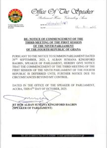 The Speaker's letter deferring the Third Meeting of the Fourth Session “until further notice.”