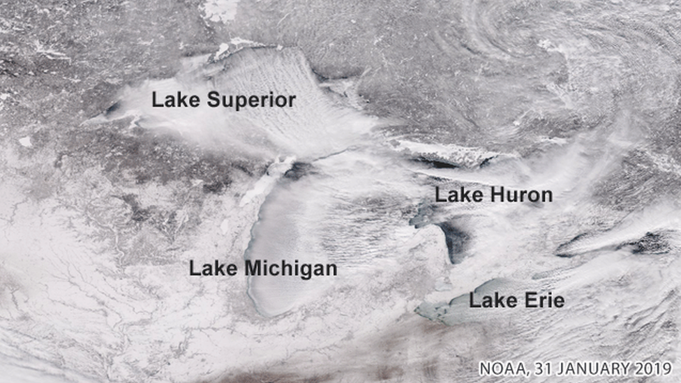 Snow covering the Great Lakes region