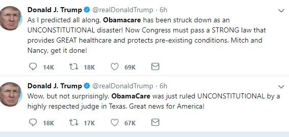 President Trump celebrates as Federal judge rules Obamacare as 