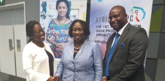 Data Protection Commissioner, Patricia Edusei-Poku (middle), flanked by Rita Tsegah and Roland Gyan from Ecobank