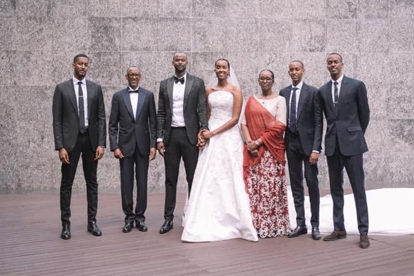 Paul Kagame with his wife and sons at his daughter's wedding.