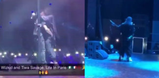 Popular Nigerian singers, Tiwa Savage and Wizkid, who are supposedly best friends, shared a kiss while the latter grabbed the former’s bum on stage in Paris, France.