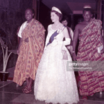 Queen Elizabeth II arrives with President Kwame Nkrumah for a State Dinner at the Ambassador Hotel in Accra.