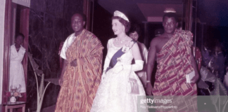 Queen Elizabeth II arrives with President Kwame Nkrumah for a State Dinner at the Ambassador Hotel in Accra.