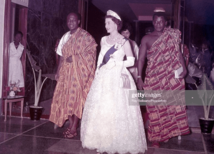 Queen Elizabeth II arrives with President Kwame Nkrumah for a State Dinner at the Ambassador Hotel in Accra.