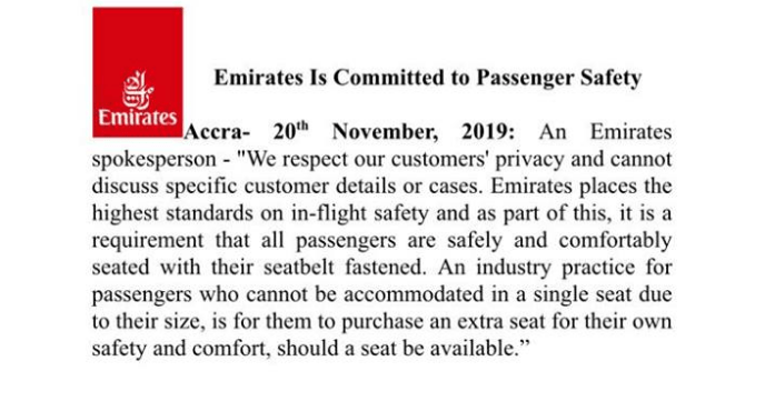 Statement released by Emirates concerning Di Asa contestant