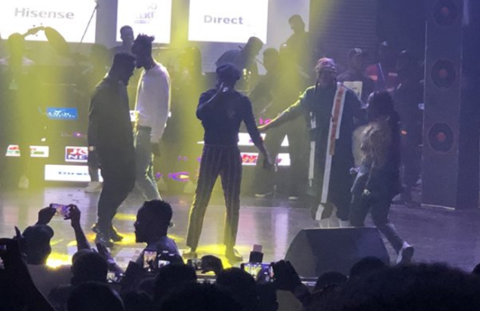 L-R: Sarkodie, Kwaw Kese, Reggie Rockstone, Edem and Obrafour on stage at the concert