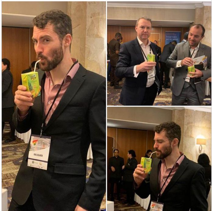Photos shared on the 1D1F official Facebook page showed investor participants in the ongoing Ghana Investment Opportunities Summit in the UK, enjoying the locally produced juice