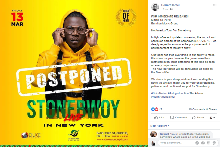 Stonebwoy's New York show postponed 