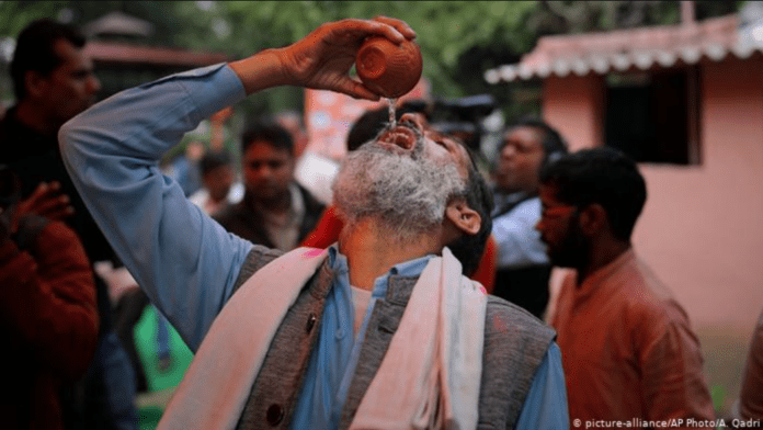 The chief of the Akhil Bharat Hindu Mahasabha (All India Hindu Union) group hosted a cow urine-drinking event on Saturday in New Delhi,
