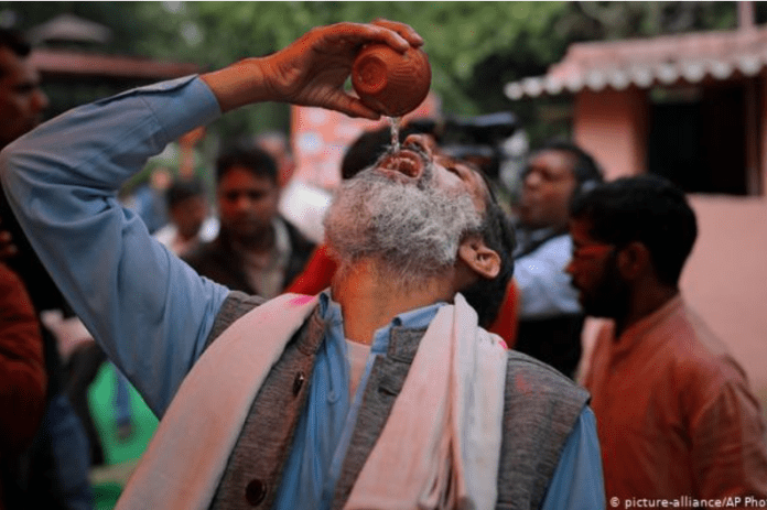 A group of Indians holding a cow urine drinking party