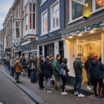 A queue of people line up outside a shop called Doctor Green - one of Holland's famous 'coffee shops' - in the Hague yesterday after the Dutch government announced that many businesses were closing over coronavirus fears