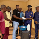 John Dumelo replies fan who says he likes posting every donation on social media John Dumelo has donated detergents, soaps, gloves and other items to five police stations