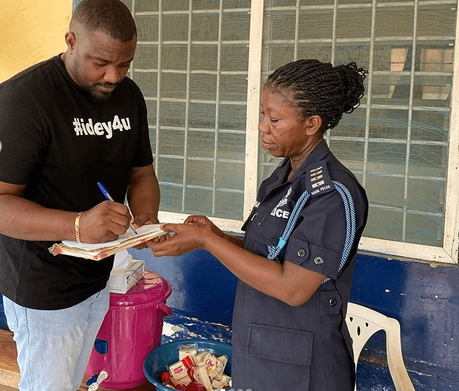 John Dumelo has donated detergents, soaps, gloves and other items to five police stations in Ayawaso West Wuogon | Photo: @johndumelo1/ Instagram