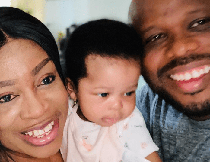 L-R: Sinach, her daughter and husband