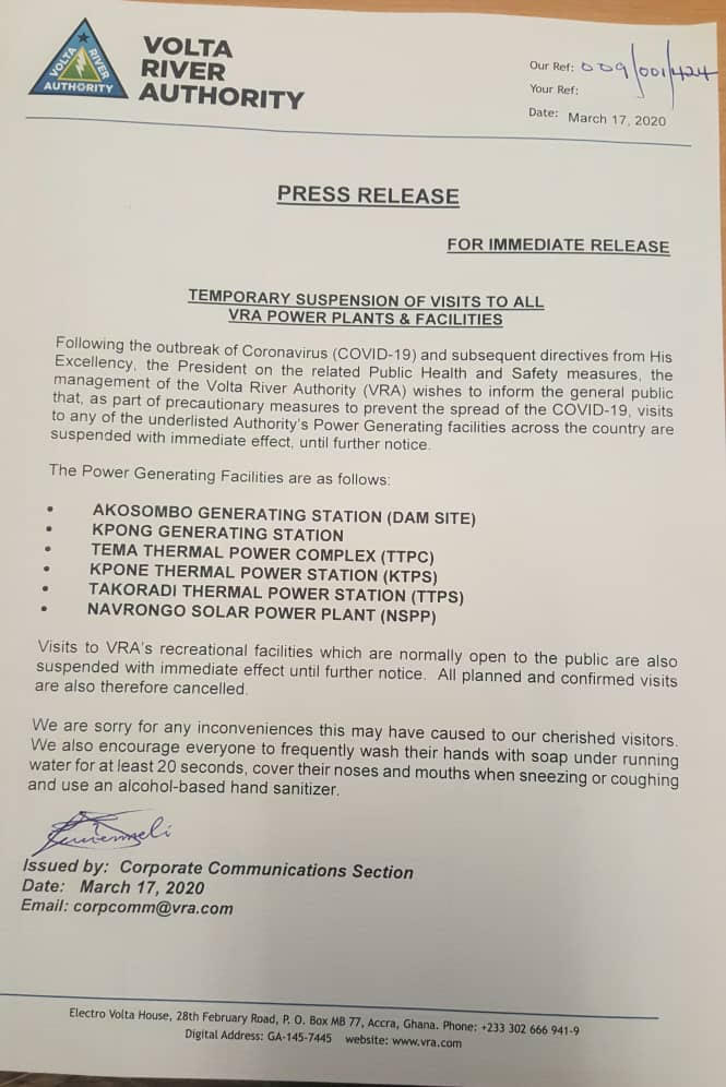 Press statement from Volta River Authority on suspension of visits to power generating sites 
