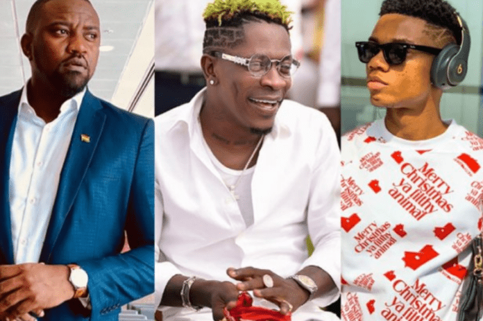 File Photo: L-R: John Dumelo, Shatta Wale and Kidi