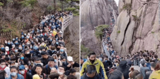 Visitors pack Anhui province's Huangshan mountain park on April 4, exceeding the visitor limit of 20,000.