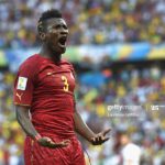 FORTALEZA, BRAZIL - JUNE 21: Asamoah Gyan of Ghana celebrates scoring his team's second goal during the 2014 FIFA World Cup Brazil Group G match between Germany and Ghana at Castelao on June 21, 2014 in Fortaleza, Brazil. (Photo by Laurence Griffiths/Getty Images)