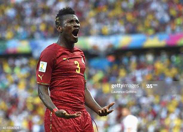 FORTALEZA, BRAZIL - JUNE 21: Asamoah Gyan of Ghana celebrates scoring his team's second goal during the 2014 FIFA World Cup Brazil Group G match between Germany and Ghana at Castelao on June 21, 2014 in Fortaleza, Brazil. (Photo by Laurence Griffiths/Getty Images)