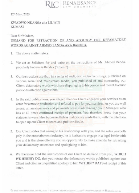 Lawyers of Ahmed Bandex write to actor Lil Win