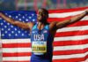 Christian Coleman celebrates his gold medal at the Doha World Championships in 2019