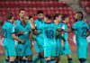 Barcelona´s Danish forward Martin Braithwaite (2L) celebrates with teammates after scoring a goal during the Spanish League football match between RCD Mallorca and FC Barcelona at the Visit Mallorca stadium (Son Moix stadium) in Palma de Mallorca on June Image credit: Getty Images