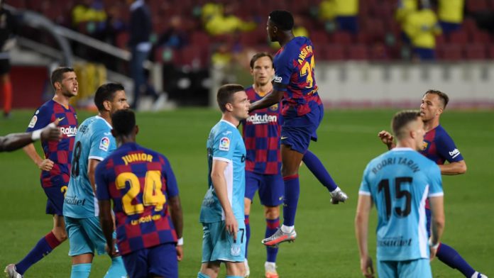 Anssumane Fati of Barcelona celebrates after he scores his teams first goal during the Liga match between FC Barcelona and CD Leganes at Camp Nou on June 16, 2020 Image credit: Getty Images