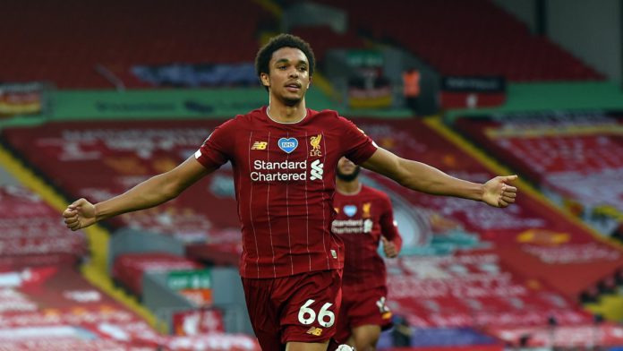 Trent Alexander-Arnold of Liverpool Celebrates after putting liverpool ahead during the Premier League match between Liverpool FC and Crystal Palace at Anfield Image credit: Getty Images