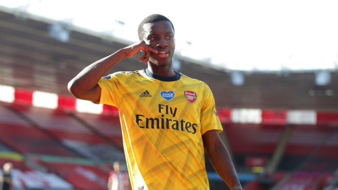 Eddie Nkethia of Arsenal celebrates after he scores a goal to make it 1-0 following a mistake from Alex McCarthy of Southampton during the Premier League match between Southampton FC and Arsenal FC at St Mary's Stadium Image credit: Getty Images