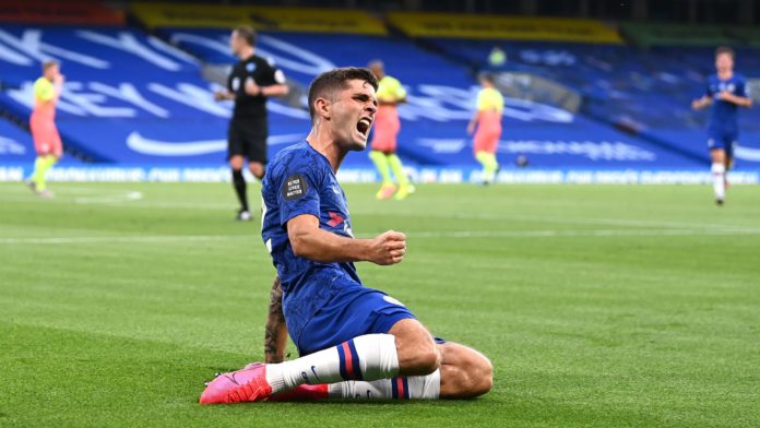 Christian Pulisic of Chelsea celebrates after scoring his sides first goal during the Premier League match between Chelsea FC and Manchester City at Stamford Bridge Image credit: Getty Images
