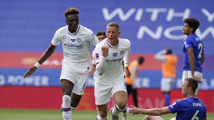 Ross Barkley of Chelsea celebrates after scoring his sides first goal during the FA Cup Fifth Quarter Final match between Leicester City and Chelsea FC at The King Power Stadium on June 28, 2020 in Leicester, England. Image credit: Getty Images
