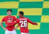 Harry Maguire of Manchester United celebrates with Mason Greenwood of Manchester United after scoring his teams second goal during the FA Cup Quarter Final match between Norwich City and Manchester United at Carrow Road on June 27, 2020 in Norwich, Englan Image credit: Getty Images