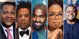 A collage of Dangote, Jay Z, Kanye, Oprah, Adenuga. Photo sources: PageSix/Nairametrics/HollywoodReporter Source: UGC