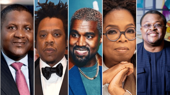 A collage of Dangote, Jay Z, Kanye, Oprah, Adenuga. Photo sources: PageSix/Nairametrics/HollywoodReporter Source: UGC