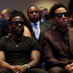 Actor Kevin Hart and musician Ludacris are seen during a memorial service for George Floyd today.REUTERS