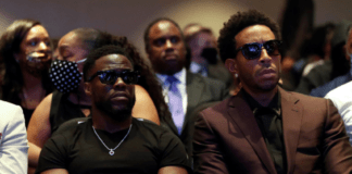 Actor Kevin Hart and musician Ludacris are seen during a memorial service for George Floyd today.REUTERS