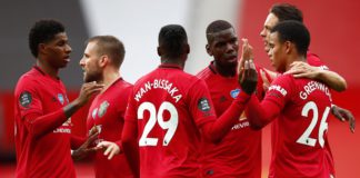 Mason Greenwood of Manchester United celebrates with teammates after scoring his team's first goal during the Premier League match between Manchester United and AFC Bournemouth at Old Trafford Image credit: Getty Images