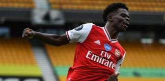 Bukayo Saka of Arsenal celebrates after scoring a goal to make it 0-1 during the Premier League match between Wolverhampton Wanderers and Arsenal FC at Molineux on July 4, 2020 Image credit: Getty Images