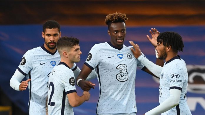 Tammy Abraham of Chelsea celebrates with teammates after scoring his team's third goal during the Premier League match between Crystal Palace and Chelsea FC at Selhurst Park on July 07, 2020 in London, England. Football Stadiums around Europe remain empt Image credit: Force India F1 Ltd
