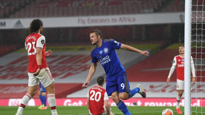 Jamie Vardy of Leicester City celebrates after scoring his team's first goal during the Premier League match between Arsenal FC and Leicester City at Emirates Stadium on July 07, 2020 in London, England. Football Stadiums around Europe remain empty due to coronavirus Image crediJamie Vardy of Leicester City celebrates after scoring his team's first goal during the Premier League match between Arsenal FC and Leicester City at Emirates Stadium on July 07, 2020 in London, England. Football Stadiums around Europe remain empty due to coronavirus Image credit: Getty Imagest: Getty Images