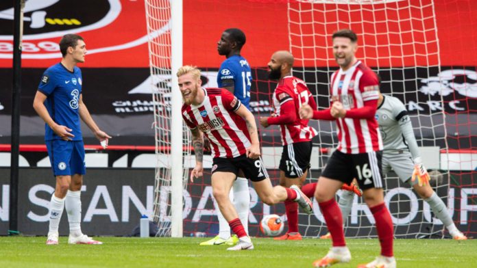 Sheffield United's Oliver McBurnie celebrates scoring his side's second goal during the Premier League match between Sheffield United and Chelsea FC at Bramall Lane on July 11, 2020 in Sheffield, United Kingdom. Image credit: Getty Images