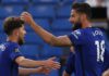 Chelsea striker Olivier Giroud (R) celebrates scoring with Jorginho. Image credit: Getty Images