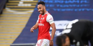 Pierre-Emerick Aubameyang celebrates scoring for Arsenal against Manchester City. Image credit: Getty Images