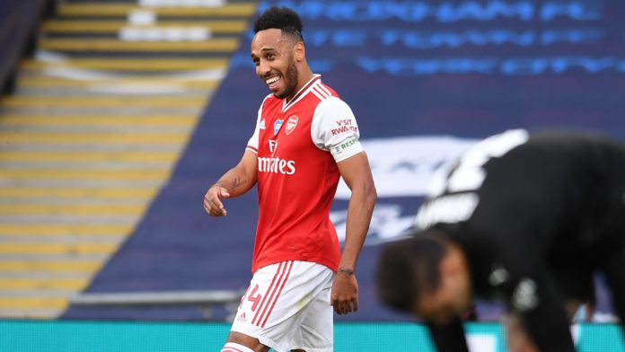 Pierre-Emerick Aubameyang celebrates scoring for Arsenal against Manchester City. Image credit: Getty Images