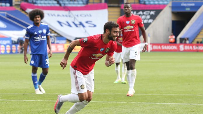 Bruno Fernandes of Manchester United celebrates scoring their first goal during the Premier League match between Leicester City and Manchester United at The King Power Stadium Image credit: Getty Images