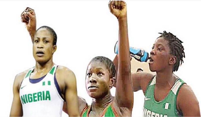 Nigeria's female wrestlers: Aminat Adeniyi, Bisola Makanjuola, and Blessing Oburodudu