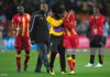 JOHANNESBURG, SOUTH AFRICA – JULY 02: Asamoah Gyan is consoled by Derek Boateng after Ghana are knocked out in a penalty shoot-out during the 2010 FIFA World Cup South Africa Quarter Final match between Uruguay and Ghana at the Soccer City stadium on July 2, 2010, in Johannesburg, South Africa. (Photo by Clive Mason/Getty Images)
