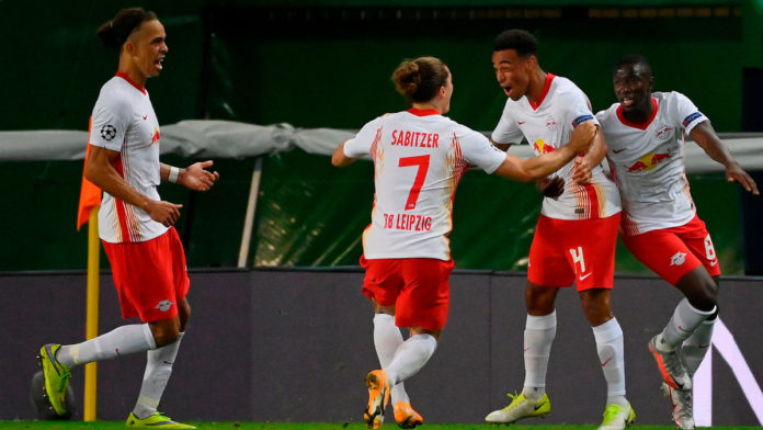 Leipzig's US midfielder Tyler Adams (2R) celebrates after scoring a goal during the UEFA Champions League quarter-final football match between Leipzig and Atletico Madrid at the Jose Alvalade stadium in Lisbon on August 13, 2020 Image credit: Getty Images